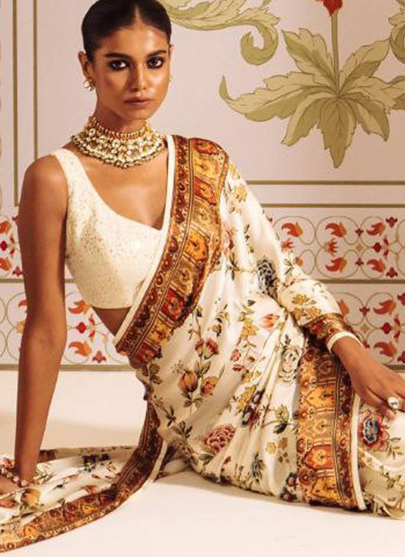 Cream original japan devsena satin saree japan satin digital print blouse