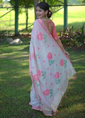 White & peach color muga cotton jamdani contrast weaving saree 2