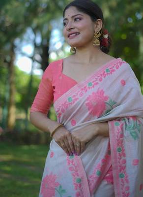 White & peach color muga cotton jamdani contrast weaving saree 3