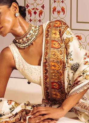 Cream original japan satin saree with digital print blouse 2