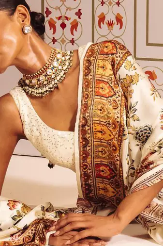 Cream original japan satin saree with digital print blouse