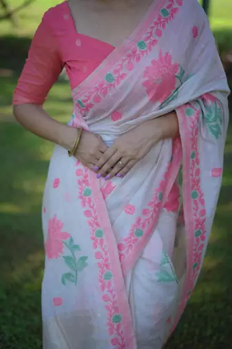 White & peach color muga cotton jamdani contrast weaving saree