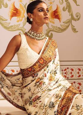 Cream original japan satin saree with digital print blouse 3