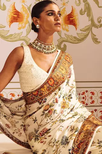 Cream original japan satin saree with digital print blouse