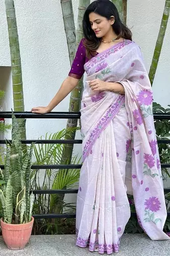 White & purple color muga cotton jamdani contrast weaving saree