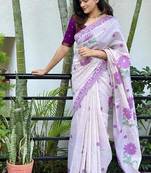 White & purple color muga cotton jamdani contrast weaving saree