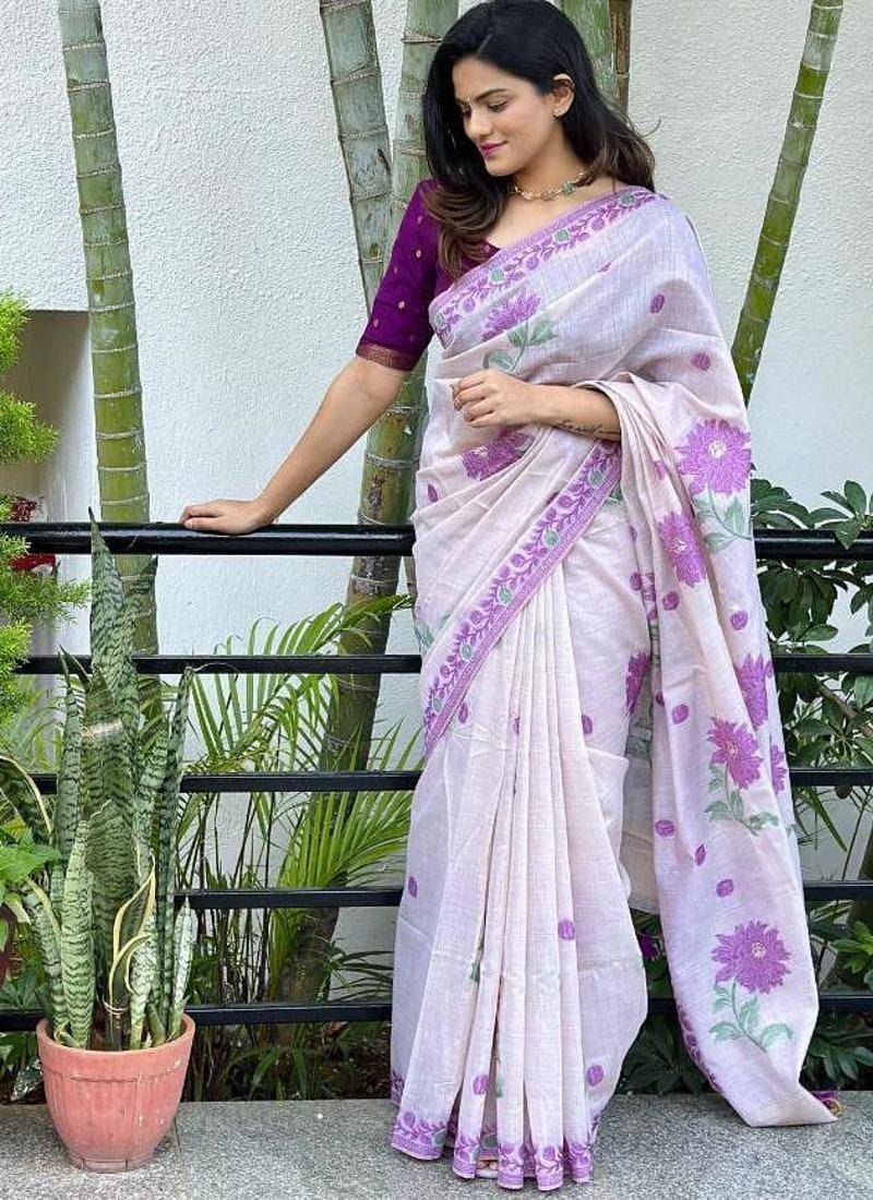 White & purple color muga cotton jamdani contrast weaving saree