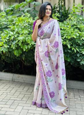 White & purple color muga cotton jamdani contrast weaving saree 2