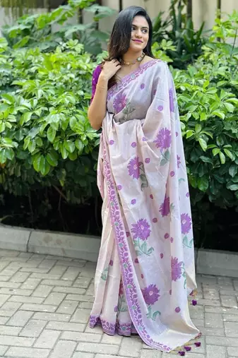 White & purple color muga cotton jamdani contrast weaving saree