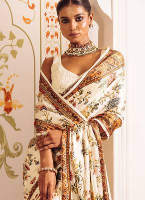 Cream original japan satin saree with digital print blouse 4