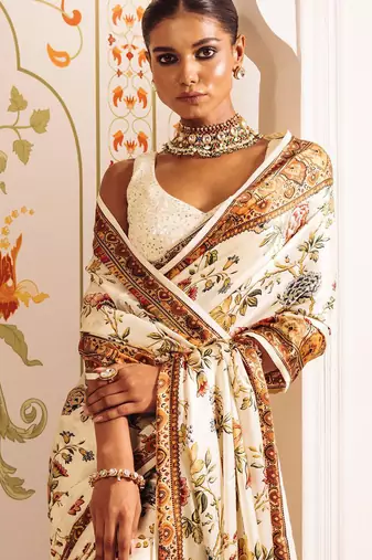 Cream original japan satin saree with digital print blouse