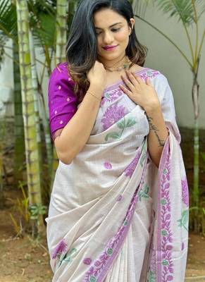White & purple color muga cotton jamdani contrast weaving saree 3