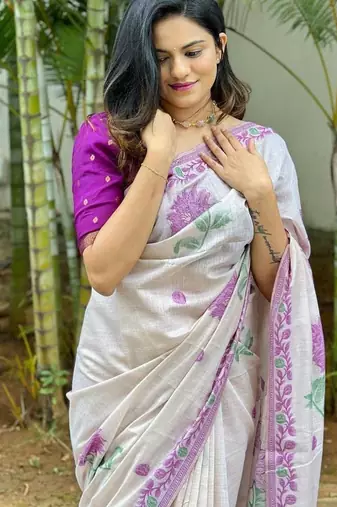 White & purple color muga cotton jamdani contrast weaving saree