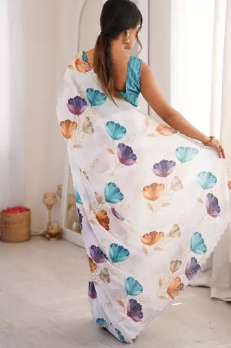 white silk blend digital printed saree with swarovski diamond work & blouse piece