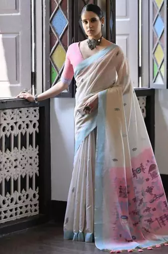 White & firozi color muga cotton warli weaving pallu-border saree