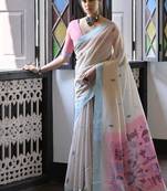 White & firozi color muga cotton warli weaving pallu-border saree