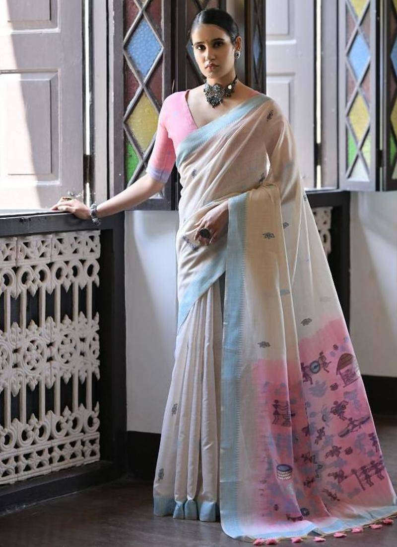 White & firozi color muga cotton warli weaving pallu-border saree