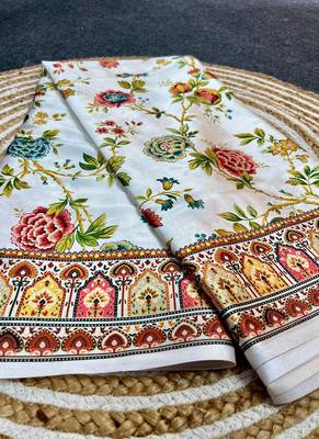Cream original japan satin saree with digital print blouse 5