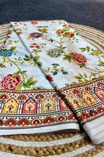 Cream original japan satin saree with digital print blouse