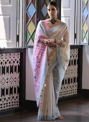 White & firozi muga cotton warli weaving pallu-border saree 2