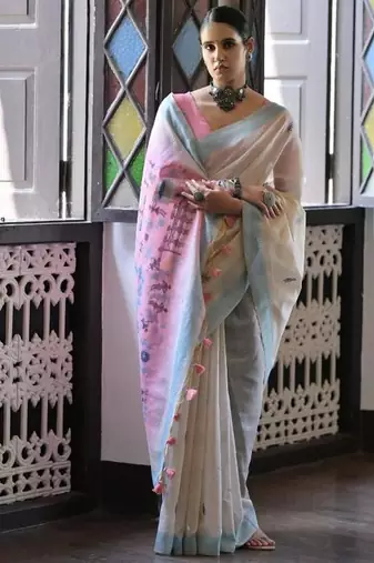 White & firozi color muga cotton warli weaving pallu-border saree
