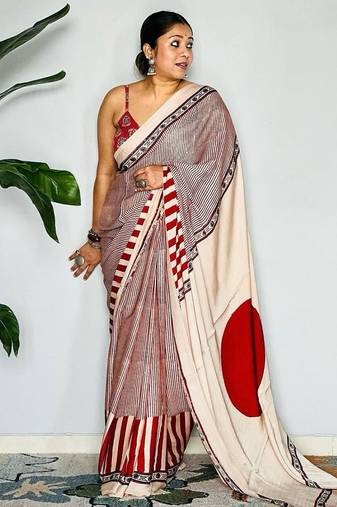 Red original japan devsena satin saree japan satin digital print blouse
