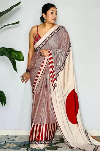 Red original japan devsena satin saree japan satin digital print blouse