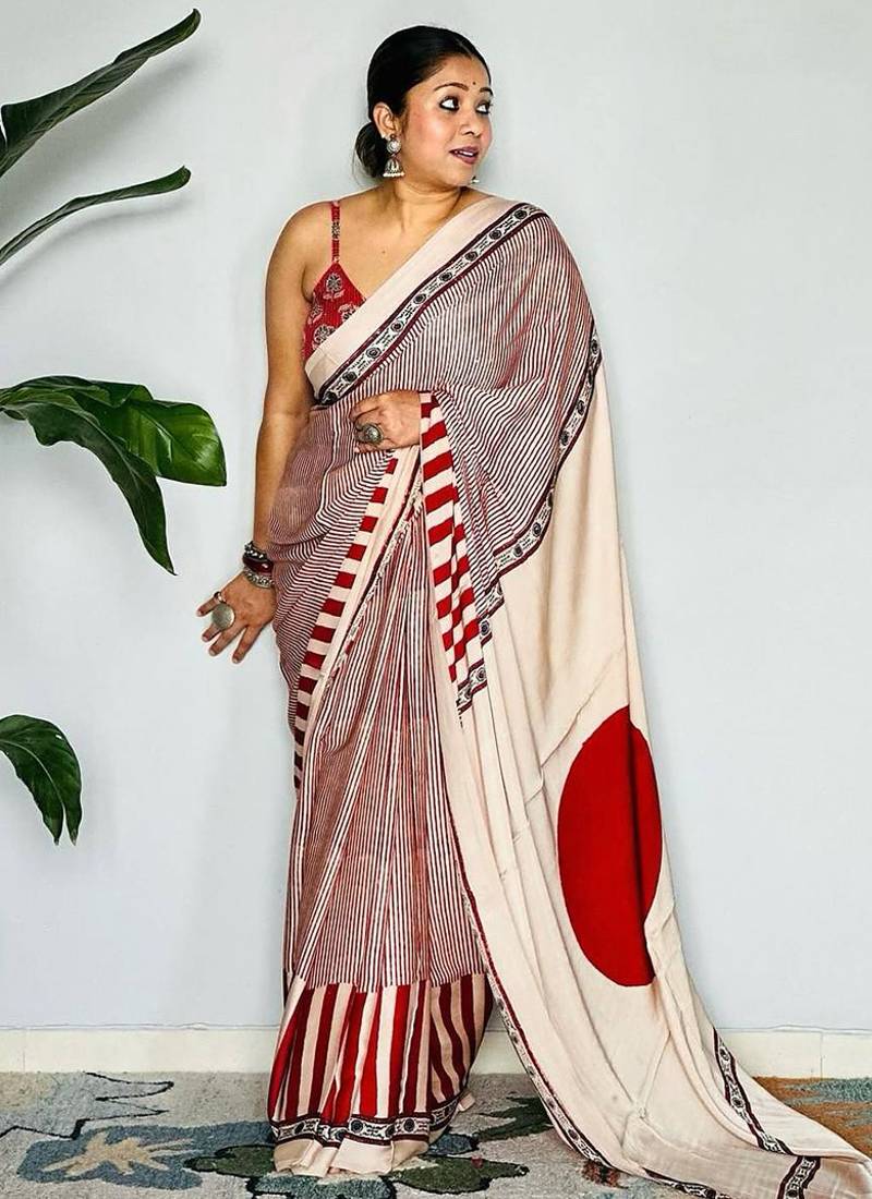 Red original japan devsena satin saree japan satin digital print blouse