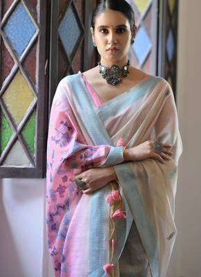 White & firozi muga cotton warli weaving pallu-border saree 3