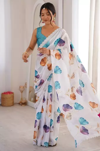 white silk blend digital printed saree with swarovski diamond work & blouse piece