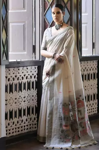 White & grey color muga cotton warli weaving pallu-border saree