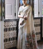 White & grey color muga cotton warli weaving pallu-border saree