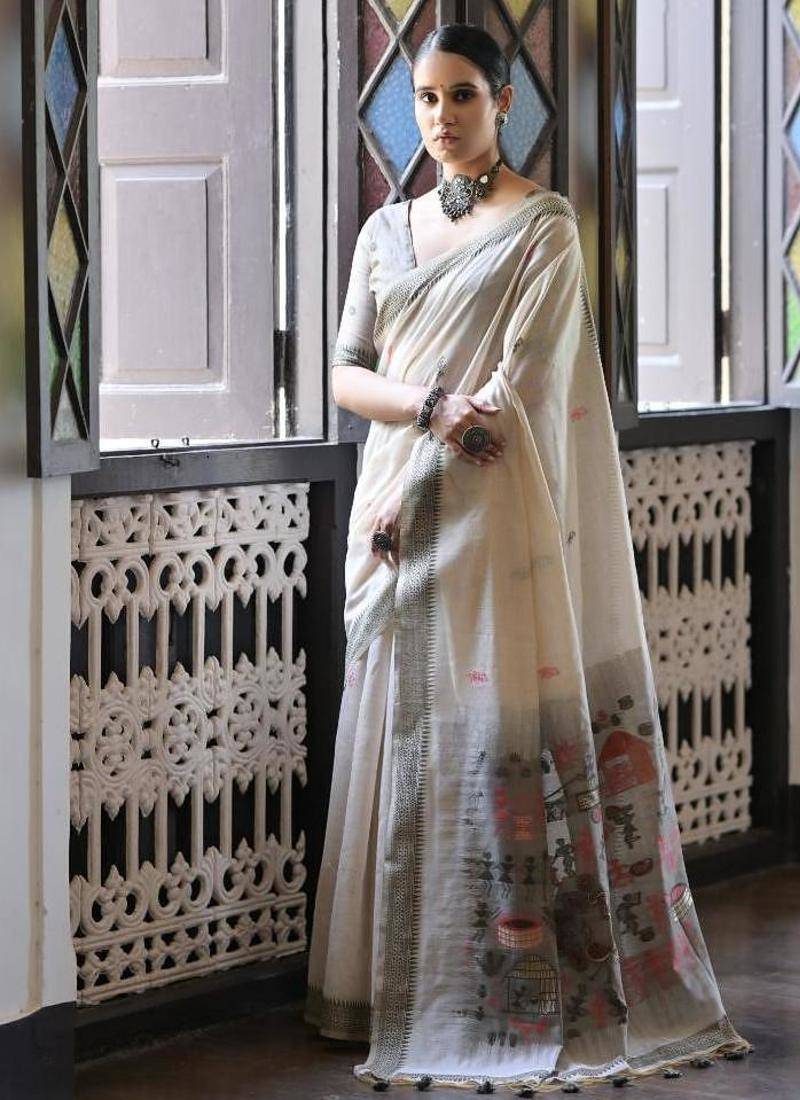 White & grey color muga cotton warli weaving pallu-border saree