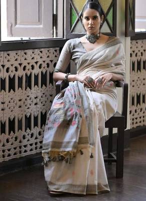 White & grey color muga cotton warli weaving pallu-border saree 2