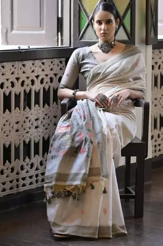 White & grey color muga cotton warli weaving pallu-border saree