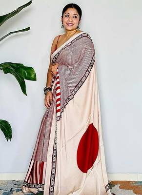 Red original japan satin saree with digital print blouse 3