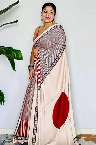 Red original japan satin saree with digital print blouse