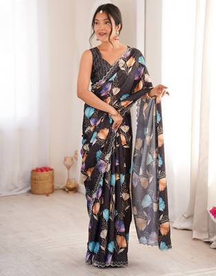 black silk blend digital printed saree with swarovski diamond work & blouse piece 1