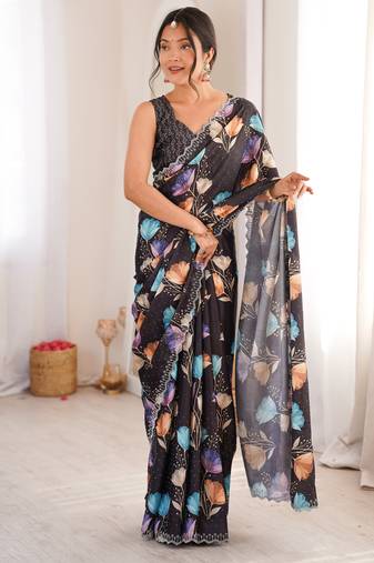 black silk blend digital printed saree with swarovski diamond work & blouse piece
