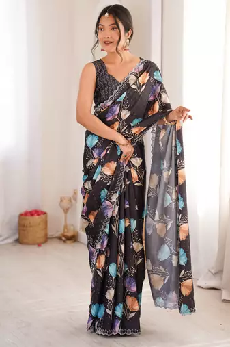 black silk blend digital printed saree with swarovski diamond work & blouse piece