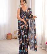 black silk blend digital printed saree with swarovski diamond work & blouse piece