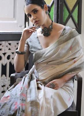 White & grey color muga cotton warli weaving pallu-border saree 3