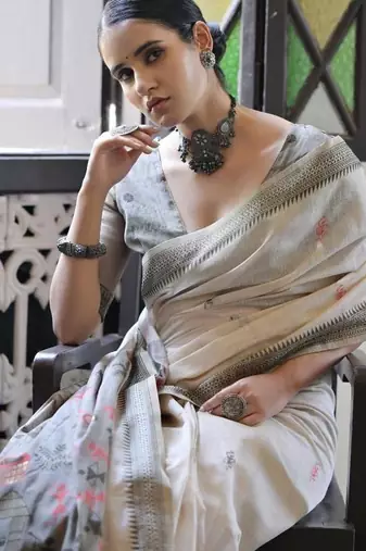 White & grey color muga cotton warli weaving pallu-border saree