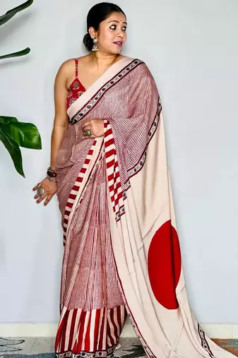 Red original japan satin saree with digital print blouse