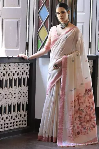 White & maroon color muga cotton warli weaving pallu-border saree