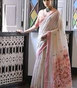 White & maroon color muga cotton warli weaving pallu-border saree