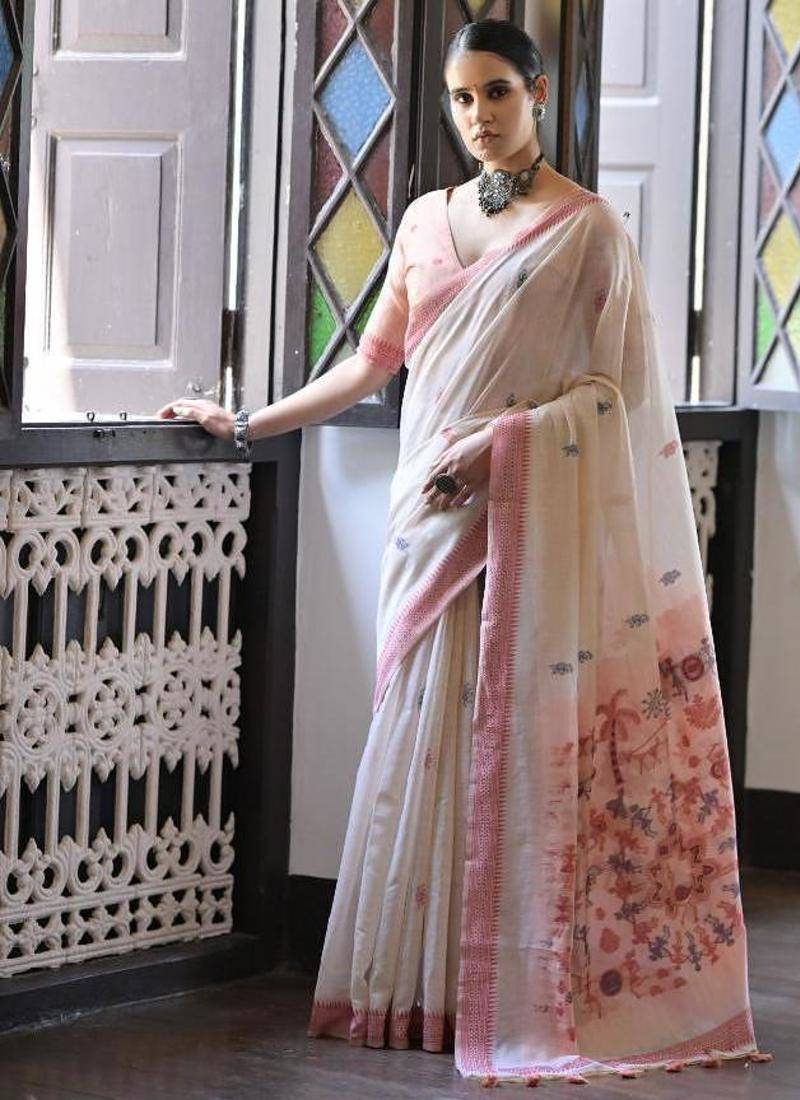 White & maroon color muga cotton warli weaving pallu-border saree