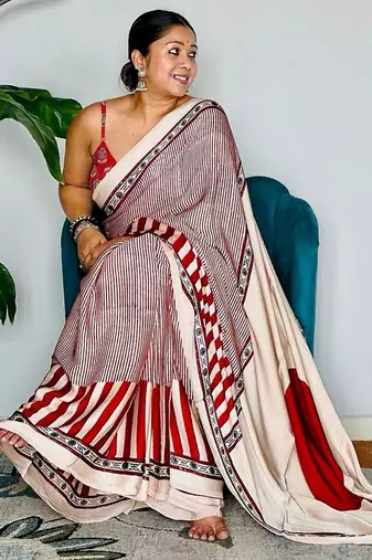 Red original japan satin saree with digital print blouse