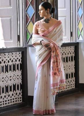 White & maroon color muga cotton warli weaving pallu-border saree 2