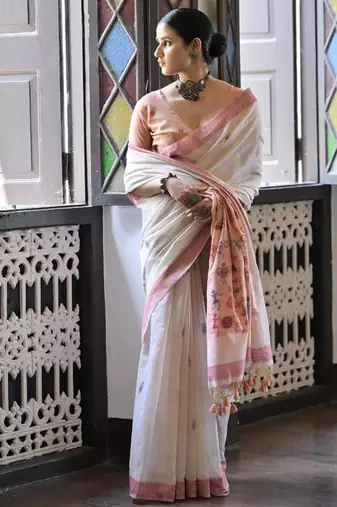 White & maroon color muga cotton warli weaving pallu-border saree